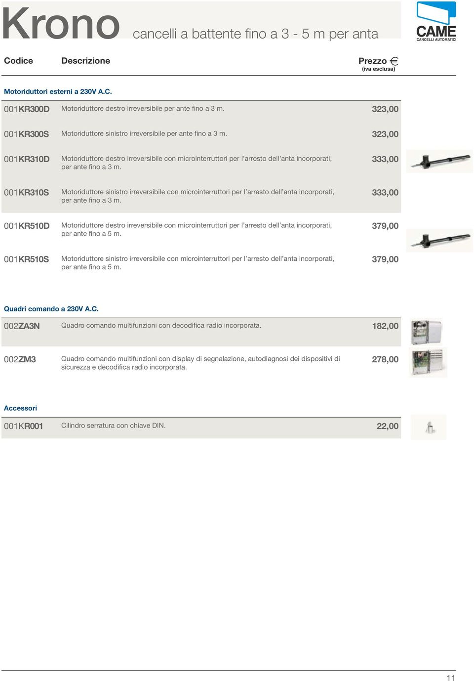 323,00 00KR30D Motoriduttore destro irreversibile con microinterruttori per l arresto dell anta incorporati, per ante fino a 3 m.