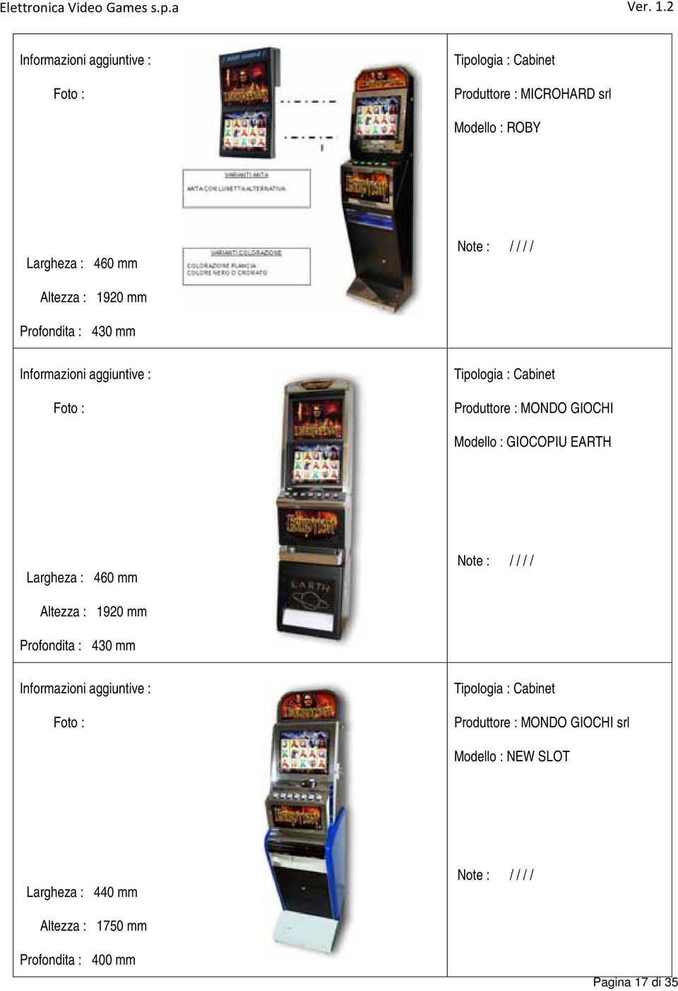 mm Profondita : 430 mm Produttore : MONDO GIOCHI srl Modello : NEW SLOT