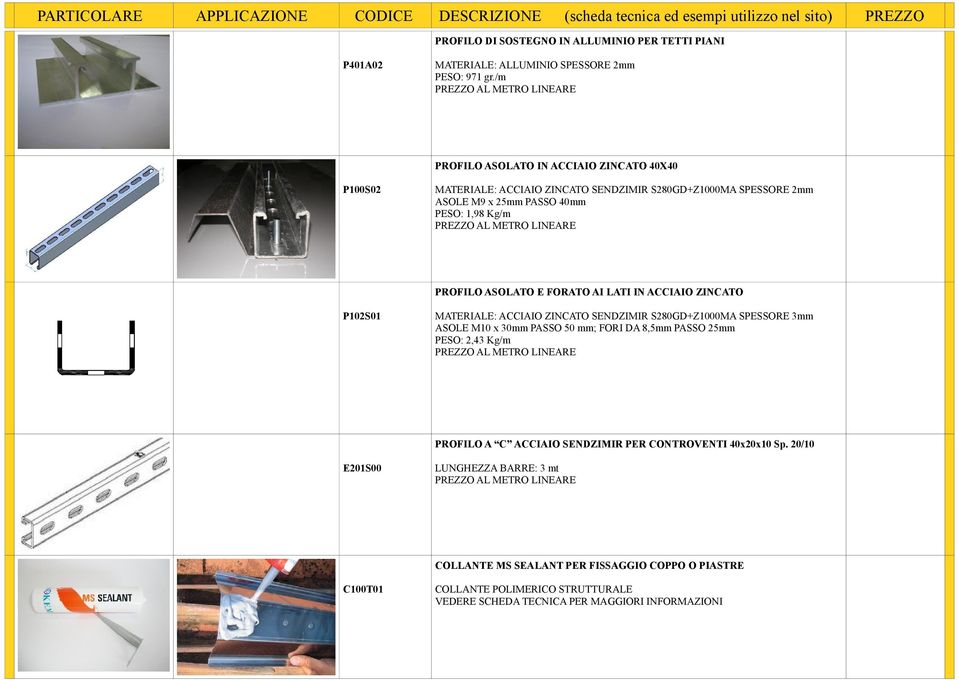 LINEARE PROFILO ASOLATO E FORATO AI LATI IN ACCIAIO ZINCATO P102S01 MATERIALE: ACCIAIO ZINCATO SENDZIMIR S280GD+Z1000MA SPESSORE 3mm ASOLE M10 x 30mm PASSO 50 mm; FORI DA 8,5mm PASSO 25mm