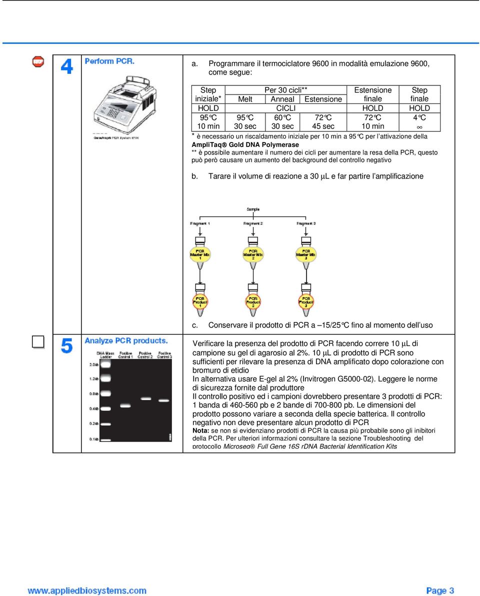 cicli per aumentare la resa della PCR, questo può però causare un aumento del background del controllo negativo b. Tarare il volume di reazione a 30 µl e far partire l amplificazione c.