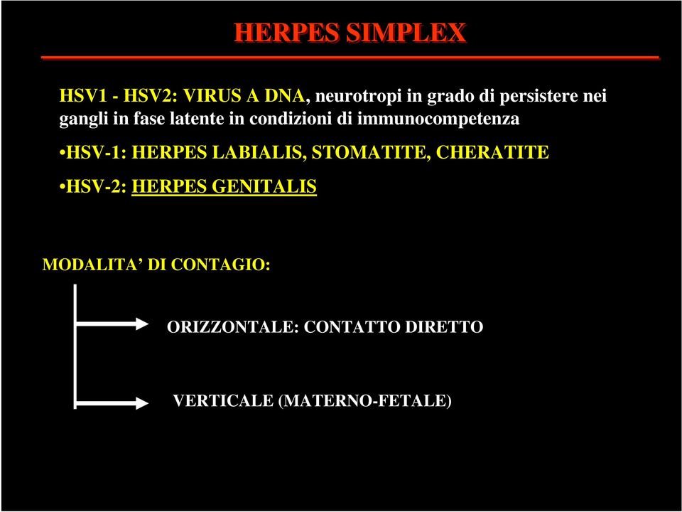 immunocompetenza HSV-1: HERPES LABIALIS, STOMATITE, CHERATITE HSV-2: