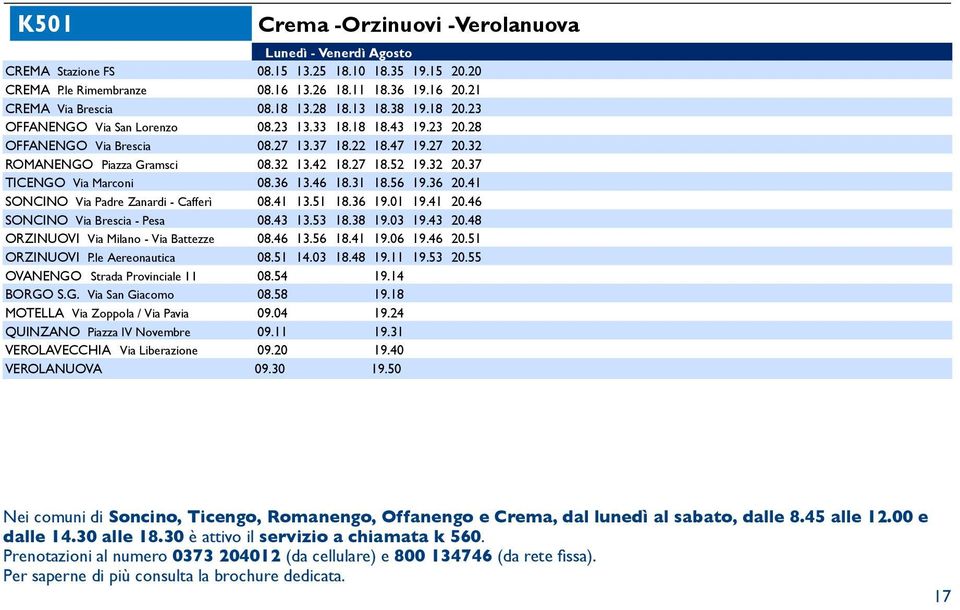 32 20.37 TICENGO Via Marconi 08.36 13.46 18.31 18.56 19.36 20.41 SONCINO Via Padre Zanardi - Cafferì 08.41 13.51 18.36 19.01 19.41 20.46 SONCINO Via Brescia - Pesa 08.43 13.53 18.38 19.03 19.43 20.