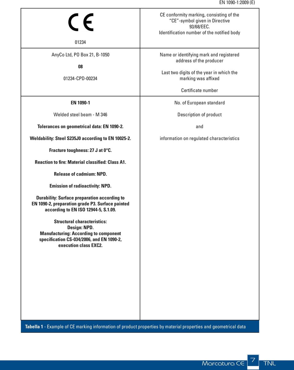 marking was affixed Certificate number EN 1090-1 Welded steel beam - M 346 Tolerances on geometrical data: EN 1090-2. Weldability: Steel S235J0 according to EN 10025-2. No.