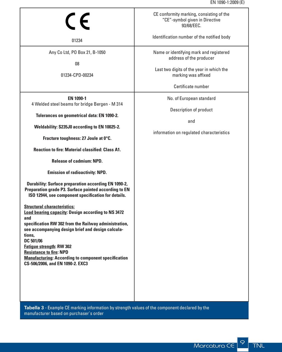 marking was affixed Certificate number EN 1090-1 4 Welded steel beams for bridge Bergen - M 314 Tolerances on geometrical data: EN 1090-2. Weldability: S235J0 according to EN 10025-2.