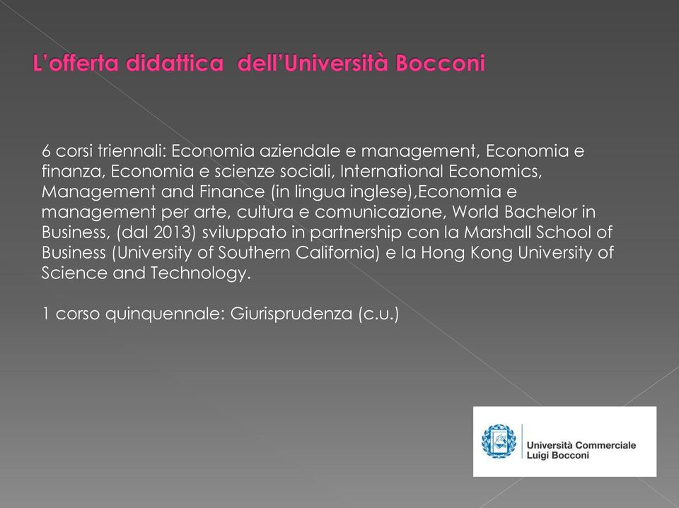 World Bachelor in Business, (dal 2013) sviluppato in partnership con la Marshall School of Business (University of