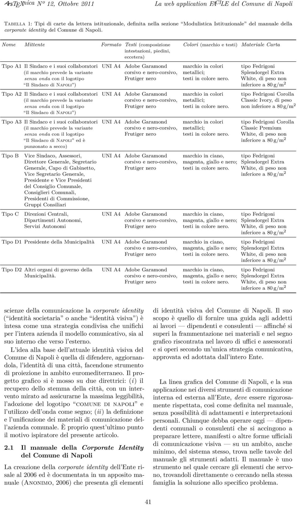 Nome Mittente Formato Testi (composizione intestazioni, piedini, eccetera) Colori (marchio e testi) Materiale Carta Tipo A1 Il Sindaco e i suoi collaboratori (il marchio prevede la variante senza