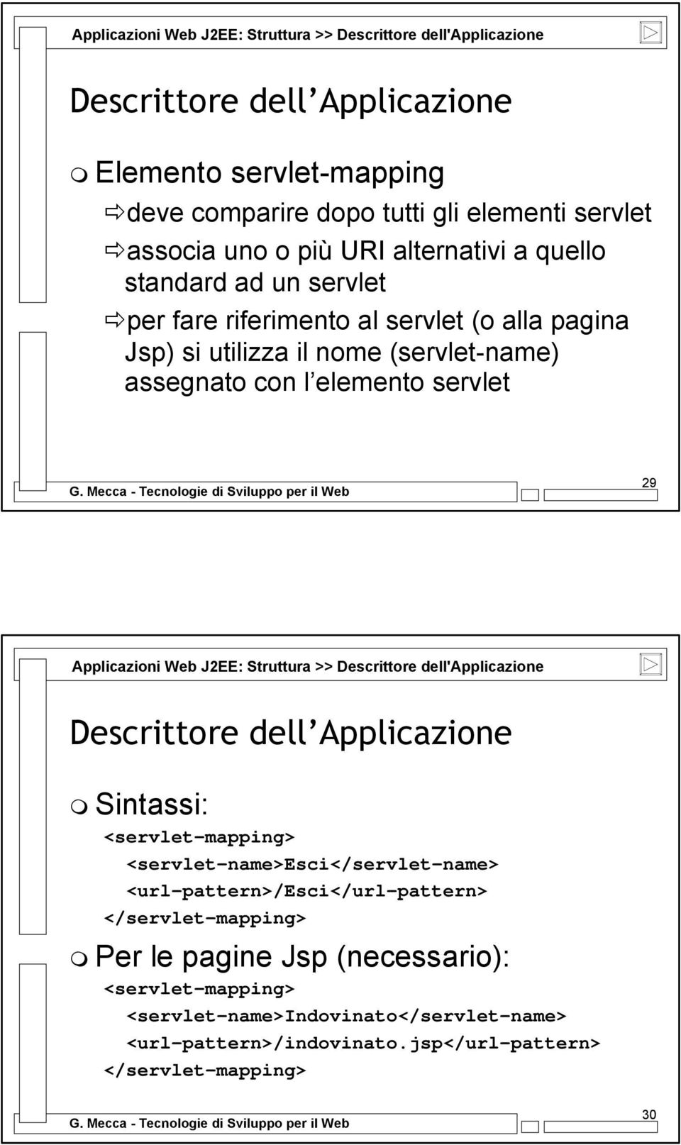 Applicazioni Web J2EE: Struttura >> Descrittore dell'applicazione Descrittore dell Applicazione Sintassi: <servlet-mapping> <servlet-name>esci</servlet-name>