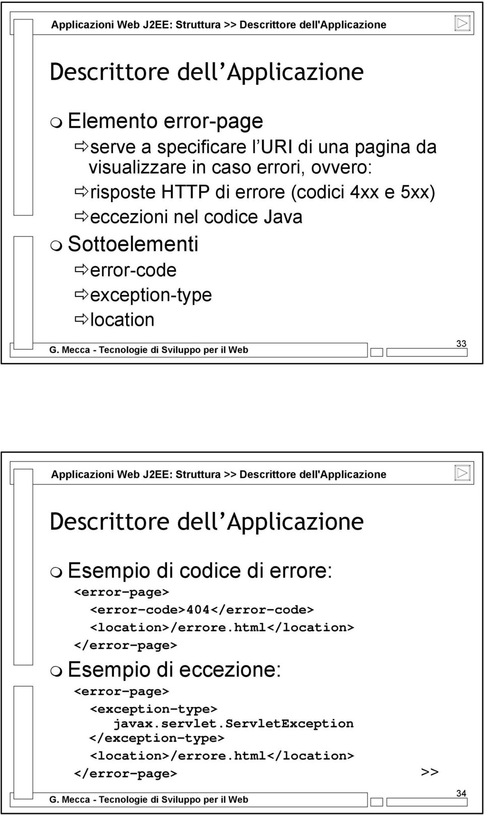 Struttura >> Descrittore dell'applicazione Descrittore dell Applicazione Esempio di codice di errore: <error-page> <error-code>404</error-code> <location>/errore.