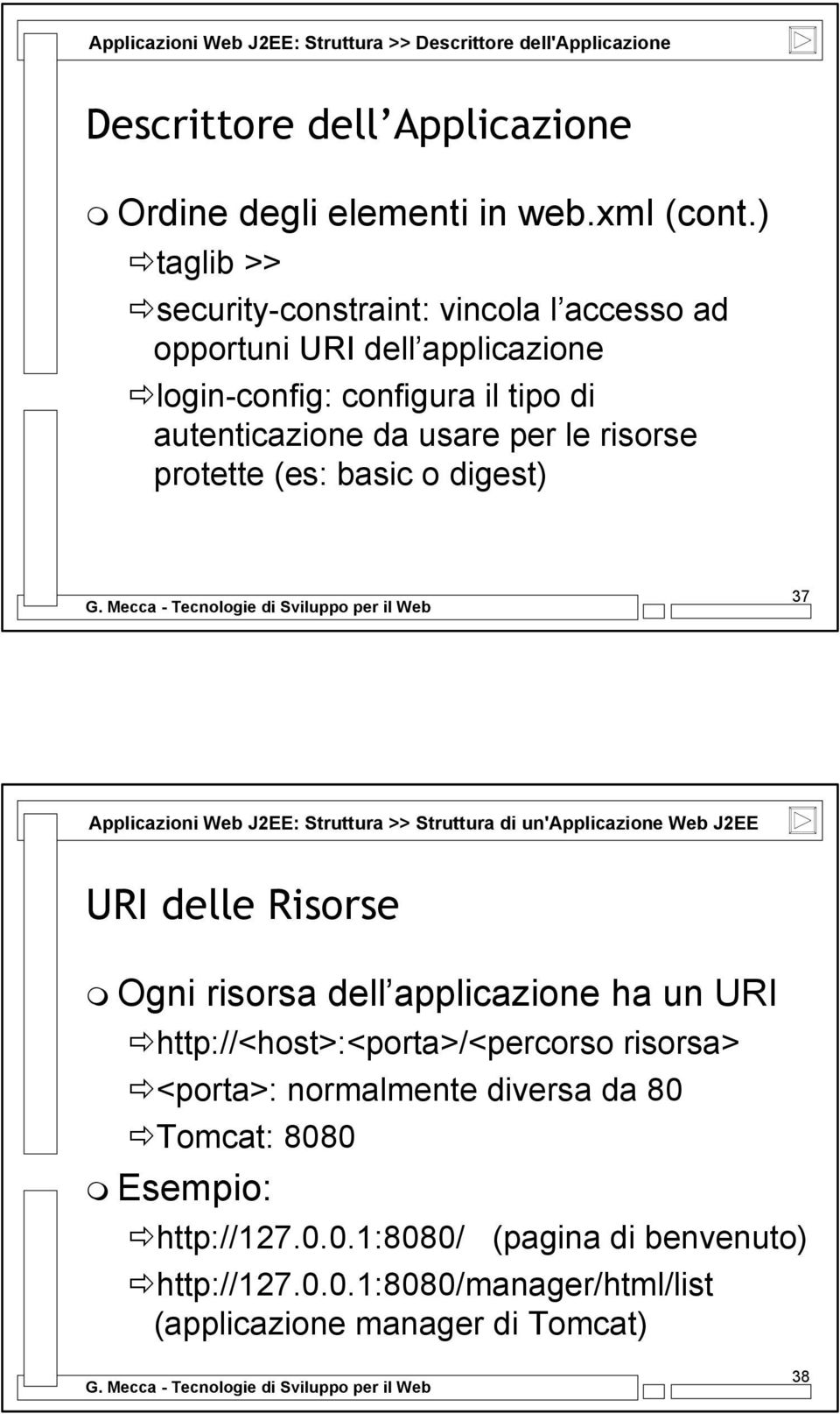 (es: basic o digest) 37 Applicazioni Web J2EE: Struttura >> Struttura di un'applicazione Web J2EE URI delle Risorse Ogni risorsa dell applicazione ha un URI