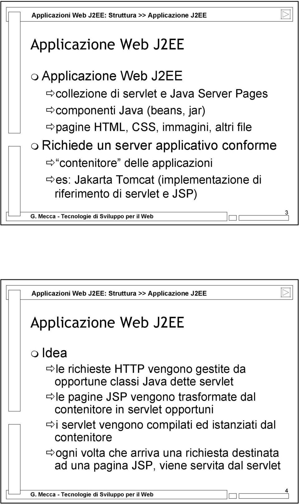 Web J2EE: Struttura >> Applicazione J2EE Applicazione Web J2EE Idea le richieste HTTP vengono gestite da opportune classi Java dette servlet le pagine JSP vengono trasformate dal