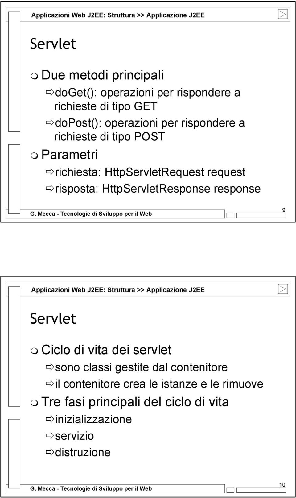 HttpServletResponse response 9 Applicazioni Web J2EE: Struttura >> Applicazione J2EE Servlet Ciclo di vita dei servlet sono classi