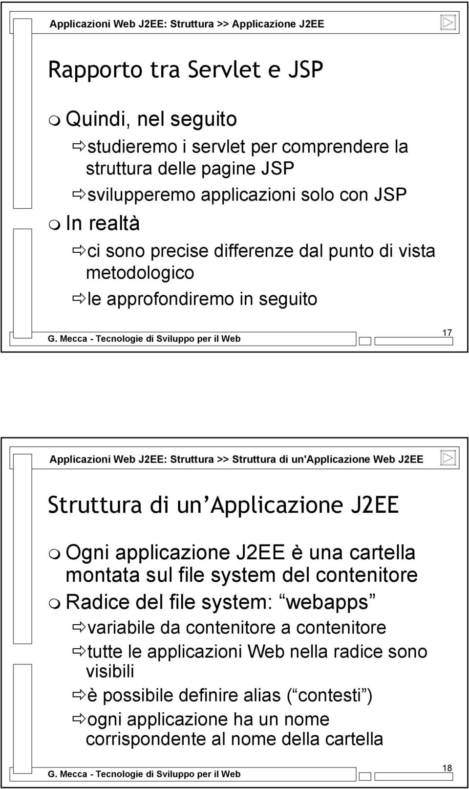 un'applicazione Web J2EE Struttura di un Applicazione J2EE Ogni applicazione J2EE è una cartella montata sul file system del contenitore Radice del file system: webapps variabile da