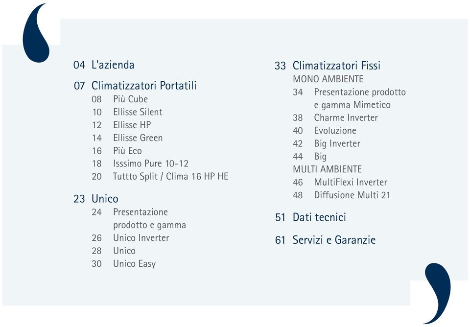 30 Unico Easy 33 Climatizzatori Fissi MONO AMBIENTE 34 Presentazione prodotto e gamma Mimetico 38 Charme Inverter 40