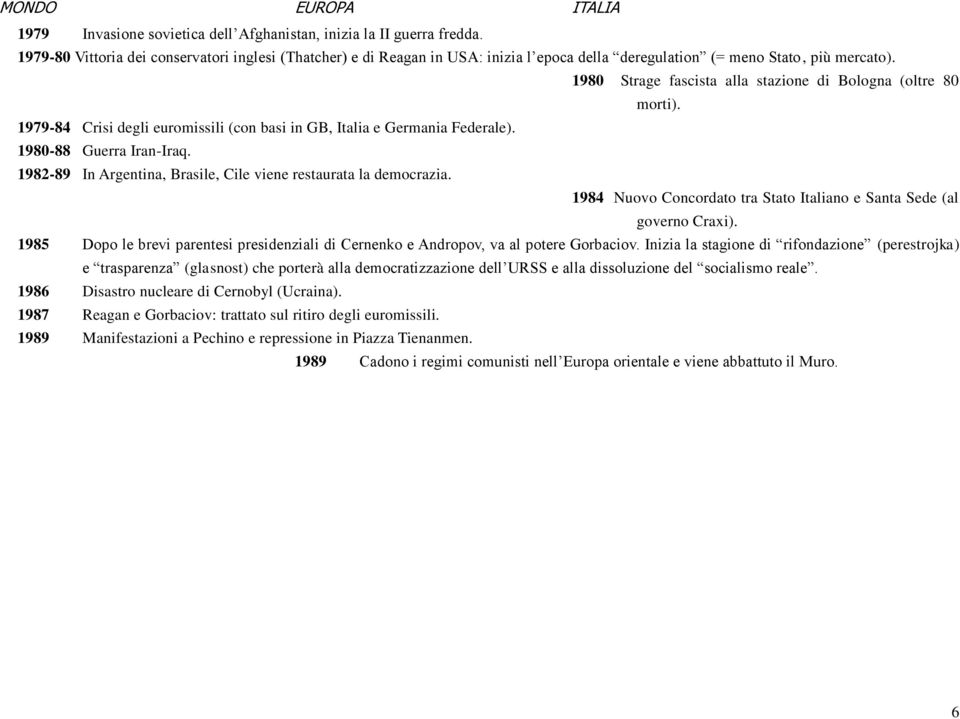 1979-84 Crisi degli euromissili (con basi in GB, Italia e Germania Federale). 1980-88 Guerra Iran-Iraq. 1982-89 In Argentina, Brasile, Cile viene restaurata la democrazia.