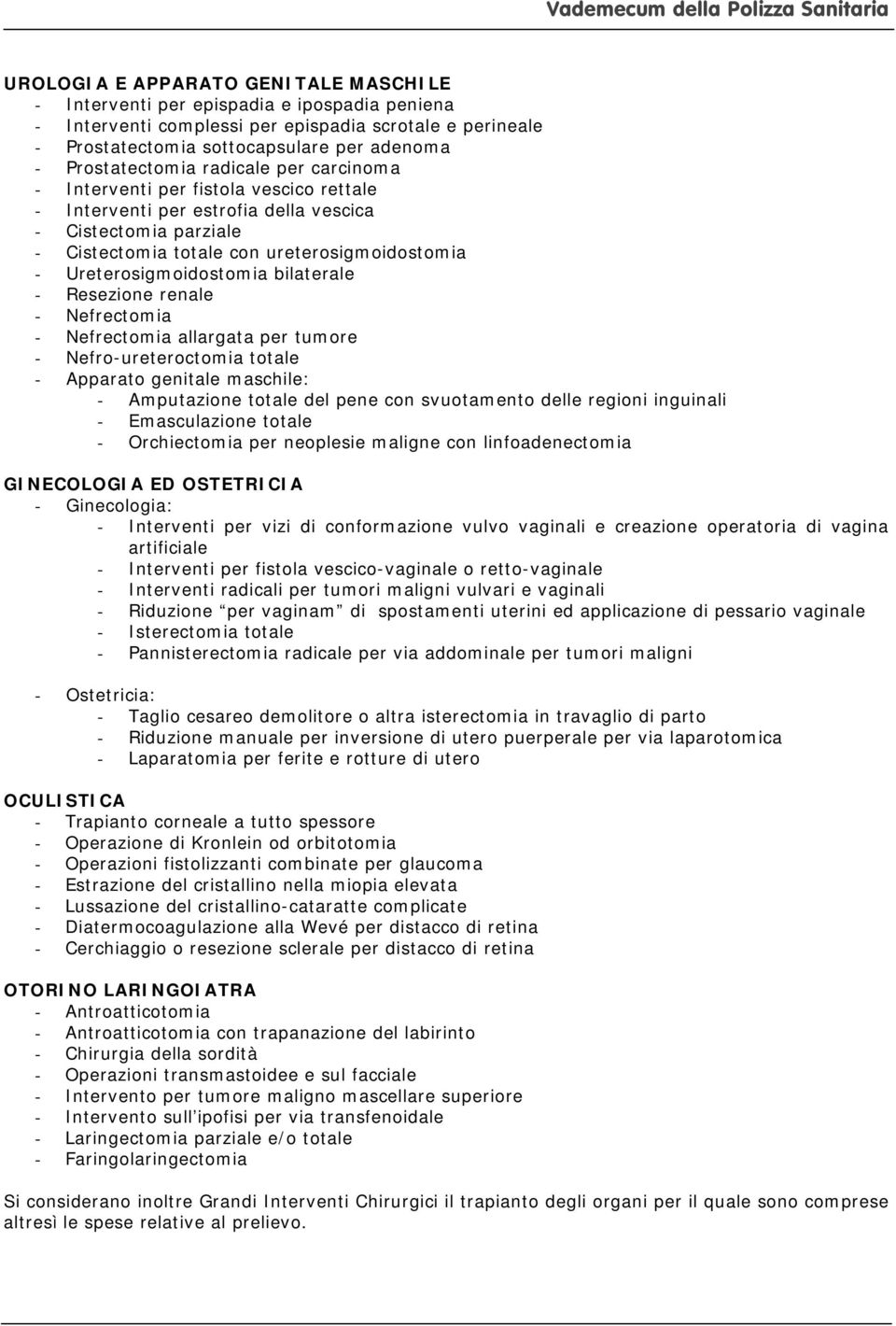 Ureterosigmoidostomia bilaterale - Resezione renale - Nefrectomia - Nefrectomia allargata per tumore - Nefro-ureteroctomia totale - Apparato genitale maschile: - Amputazione totale del pene con