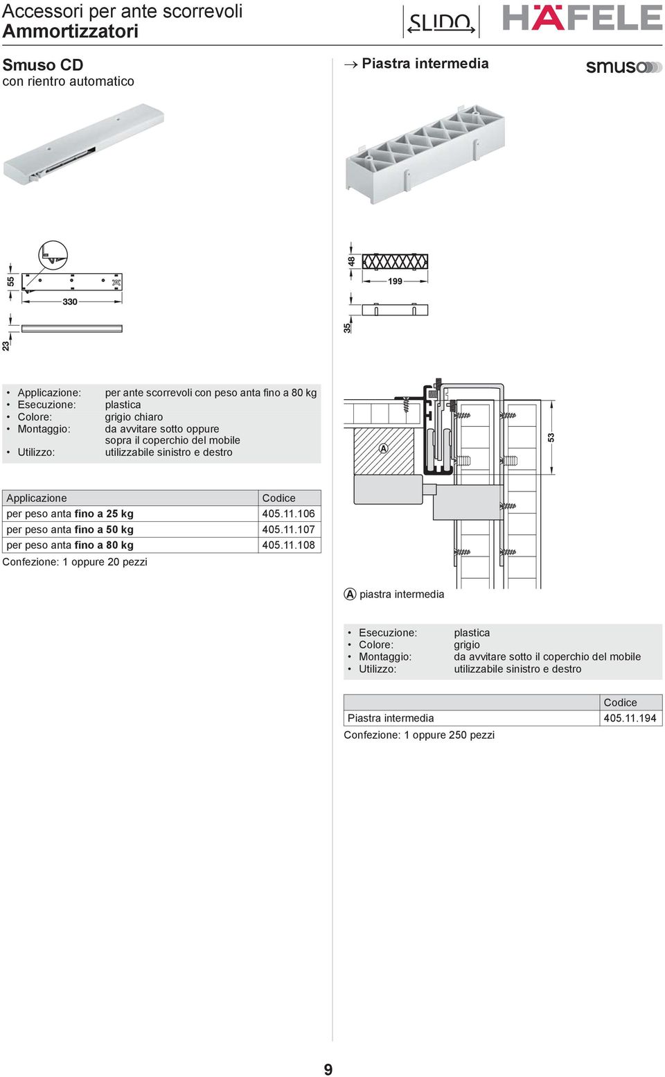Smuso CD con rientro automatico Piastra intermedia Applicazione: Colore: Montaggio: Utilizzo: per ante scorrevoli con peso anta fino a 80 kg plastica grigio chiaro da avvitare sotto oppure sopra il