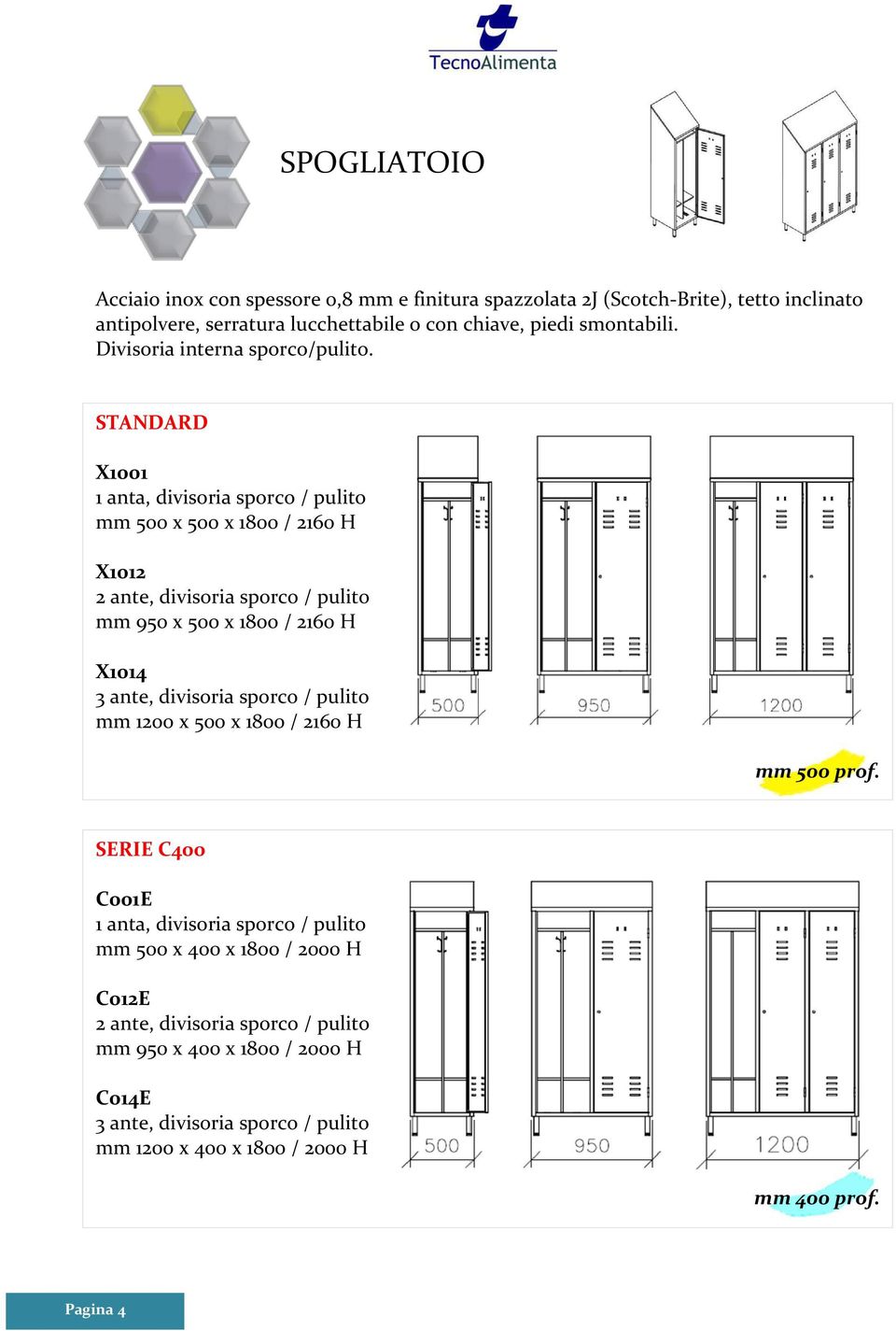 STANDARD X1001 1 anta, divisoria sporco / pulito mm 500 x 500 x 1800 / 2160 H X1012 2 ante, divisoria sporco / pulito mm 950 x 500 x 1800 / 2160 H X1014 3 ante,