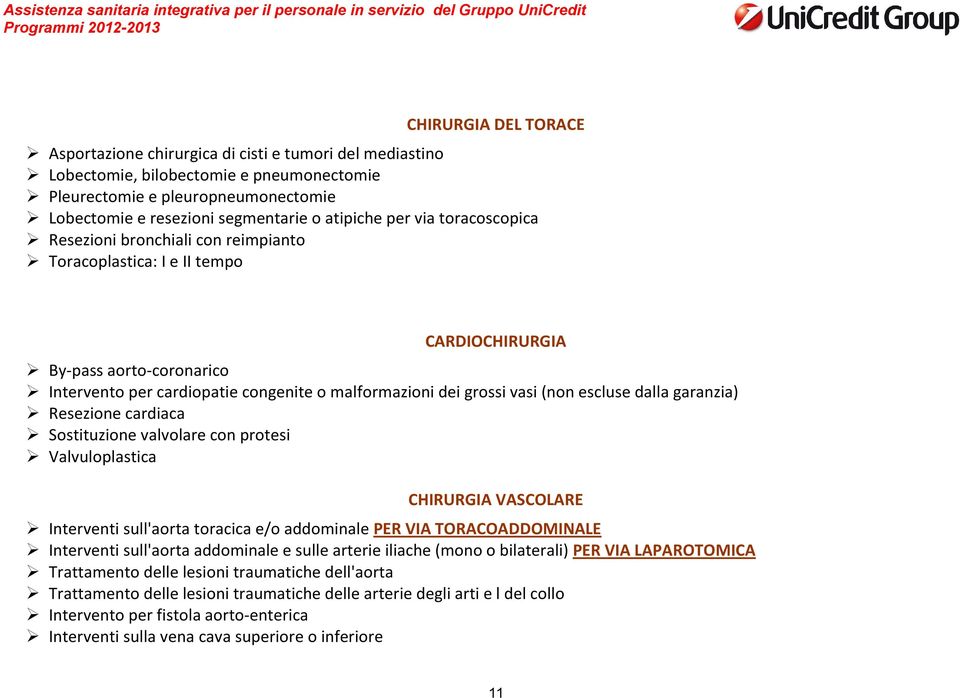 grossi vasi (non escluse dalla garanzia) Resezione cardiaca Sostituzione valvolare con protesi Valvuloplastica CHIRURGIA VASCOLARE Interventi sull'aorta toracica e/o addominale PER VIA