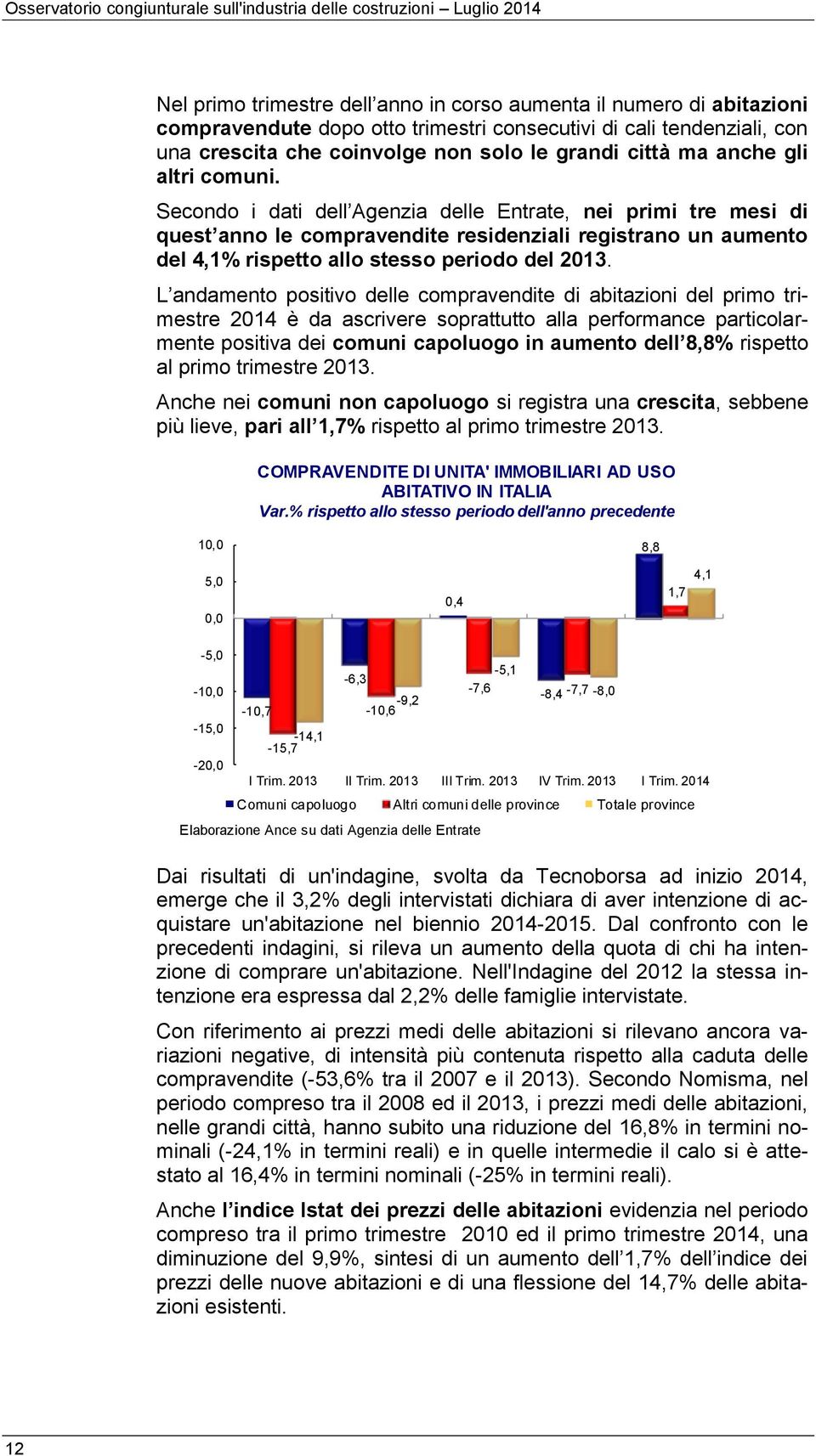 Secondo i dati dell Agenzia delle Entrate, nei primi tre mesi di quest anno le compravendite residenziali registrano un aumento del 4,1% rispetto allo stesso periodo del 2013.