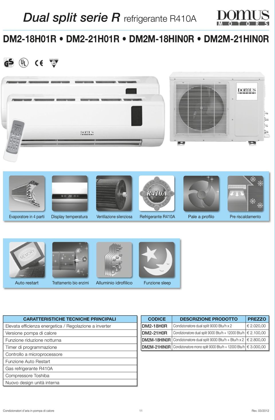 calore Funzione riduzione notturna Timer di programmazione CODICE DM2-18H0R DM2-21H0R DM2M-18HIN0R DM2M-21HIN0R DESCRIZIONE PRODOTTO Condizionatore dual split 9000 Btu/h x 2 Condizionatore dual split