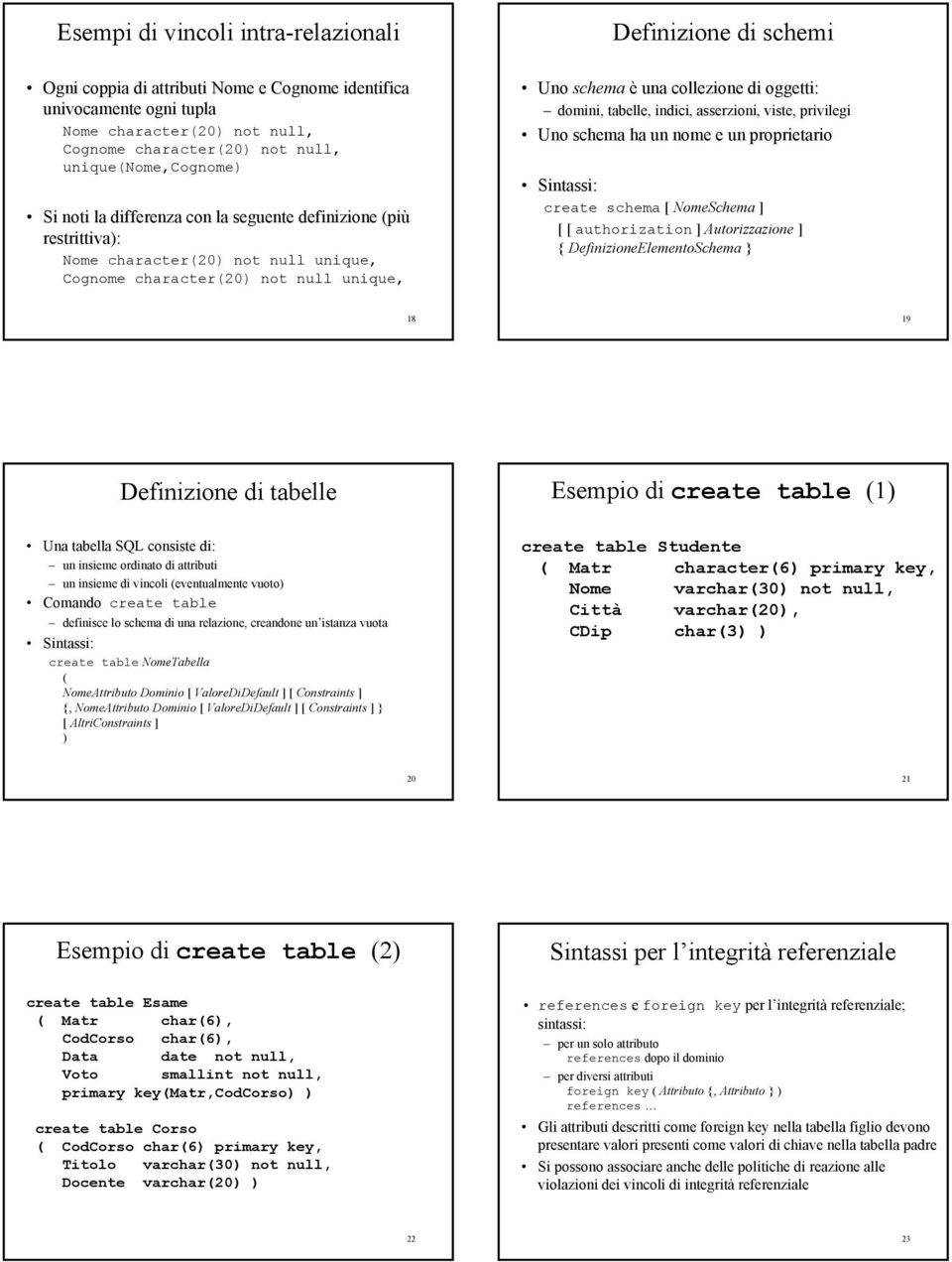 domini, tabelle, indici, asserzioni, viste, privilegi Uno schema ha un nome e un proprietario create schema [ NomeSchema ] [ [ authorization ] Autorizzazione ] { DefinizioneElementoSchema } 8 9