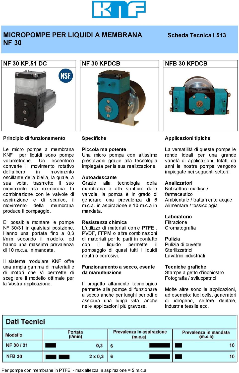 In combinazione con le valvole di e di scarico, il movimento della membrana produce il pompaggio. E possibile montare le pompe NF 30/31 in qualsiasi posizione.