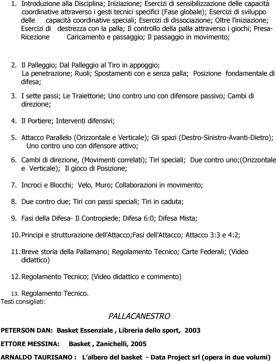 passaggio in movimento; 2. Il Palleggio; Dal Palleggio al Tiro in appoggio; La penetrazione; Ruoli; Spostamenti con e senza palla; Posizione fondamentale di difesa; 3.