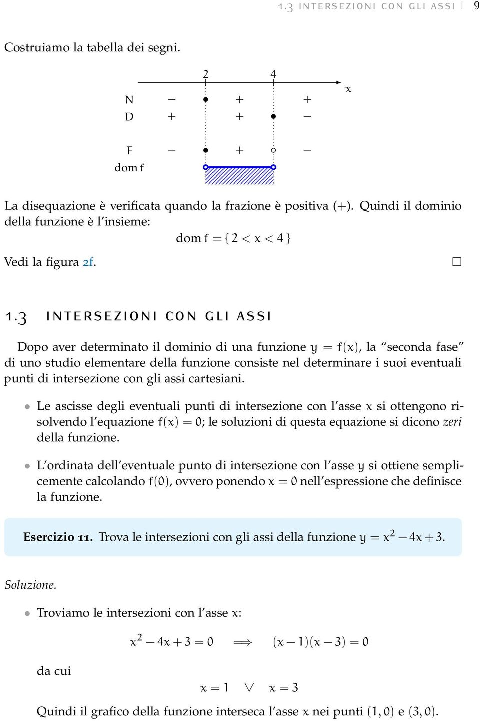 3 intersezioni con gli assi Dopo aver determinato il dominio di una funzione = f(), la seconda fase di uno studio elementare della funzione consiste nel determinare i suoi eventuali punti di
