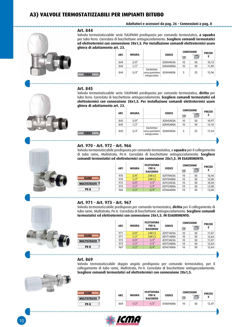 Scegliere comandi termostatici ed elettrotermici con connessione 28x1,5. Per installazione comandi elettrotermici usare ghiera di adattamento art. 23.