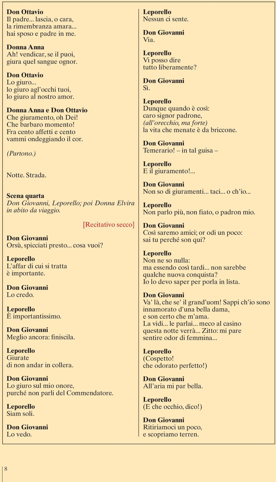 L affar di cui si tratta è importante. Lo credo. È importantissimo. Meglio ancora: finiscila. Giurate di non andar in collera. Lo giuro sul mio onore, purché non parli del Commendatore. Siam soli.