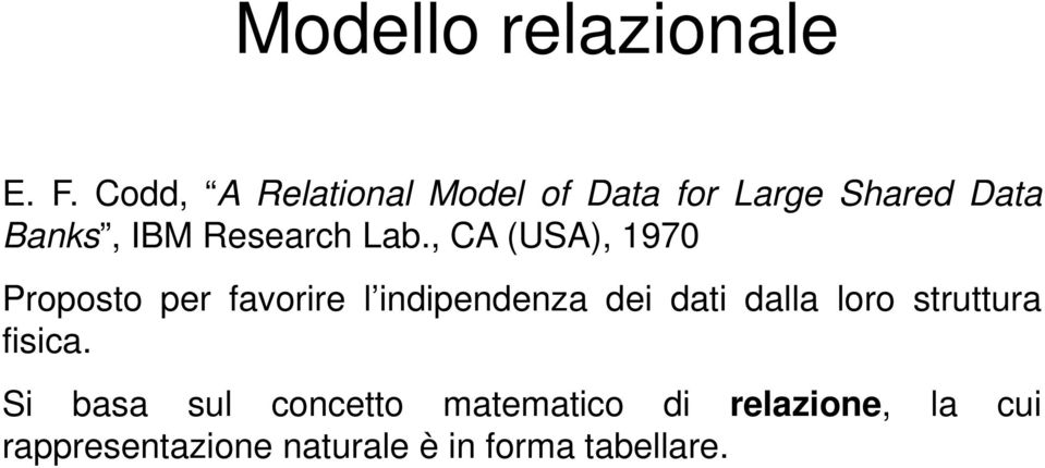 Lab., CA (USA), 1970 Proposto per favorire l indipendenza dei dati dalla