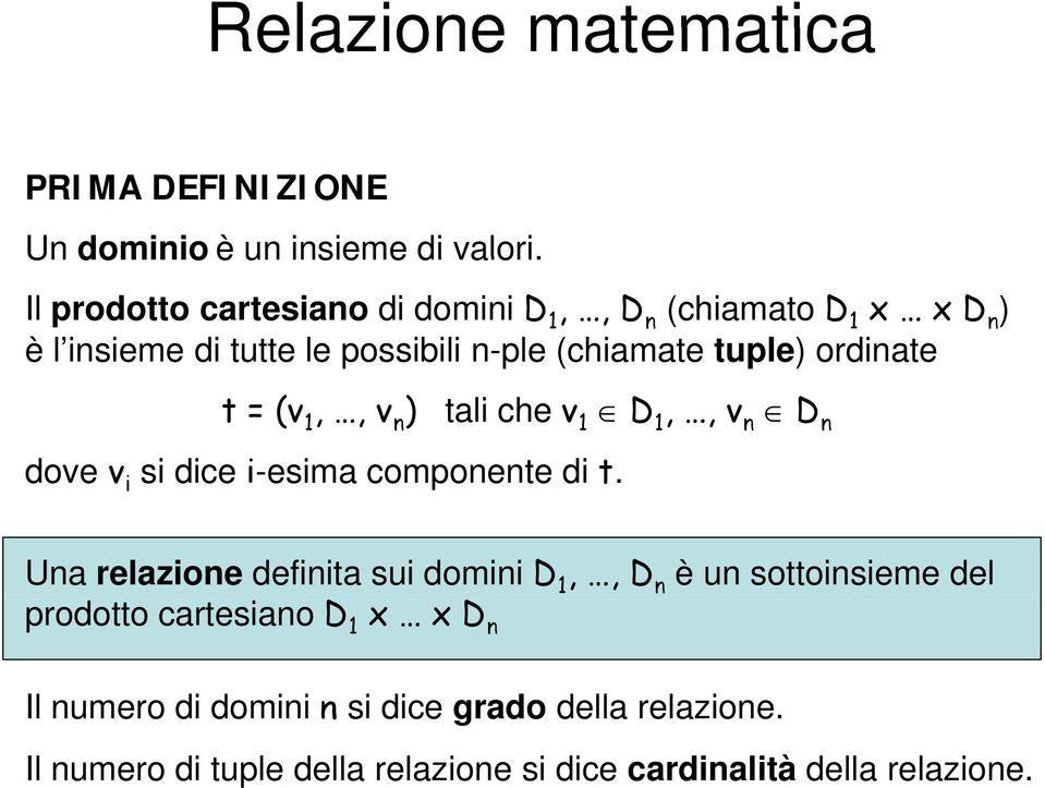 ordinate t = (v 1,, v n ) dove v i si dice i-esima componente di t.