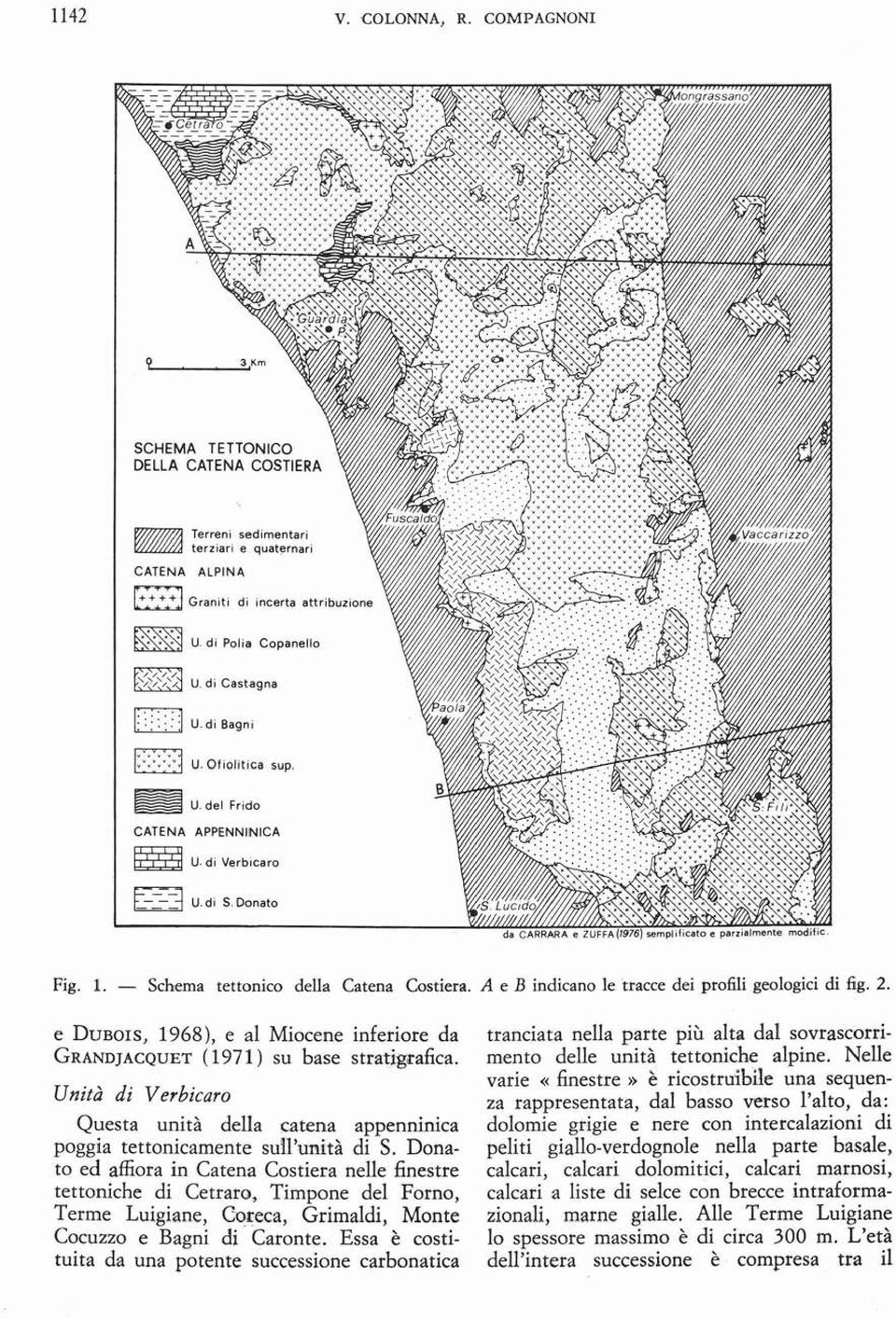 - Schema tcuonioo della Catena CostiCfll. A c n indicano le tracce dei profili geologici di fig. 2. e DUBOIS, 1968), e al Miocene inferiore da GRANDJACQUET (1971) su base stratigrafica.