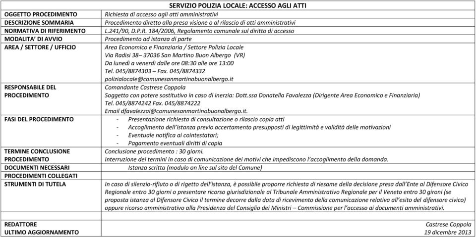 184/2006, Regolamento comunale sul diritto di accesso Comandante FASI DEL - Presentazione richiesta di consultazione o rilascio copia atti - Accoglimento dell istanza previo accertamento presupposti