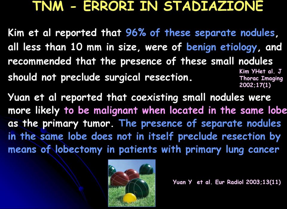 J Thorac Imaging 2002;17(1) Yuan et al reported that coexisting small nodules were more likely to be malignant when located in the same lobe as the