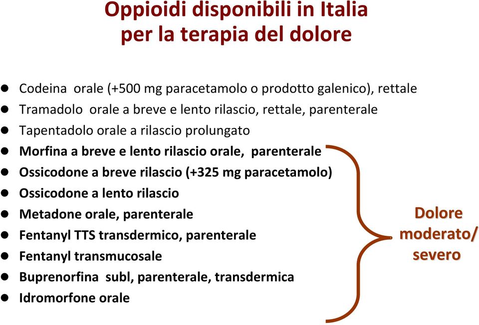 parenterale Ossicodone a breve rilascio (+325 mg paracetamolo) Ossicodone a lento rilascio Metadone orale, parenterale Fentanyl TTS