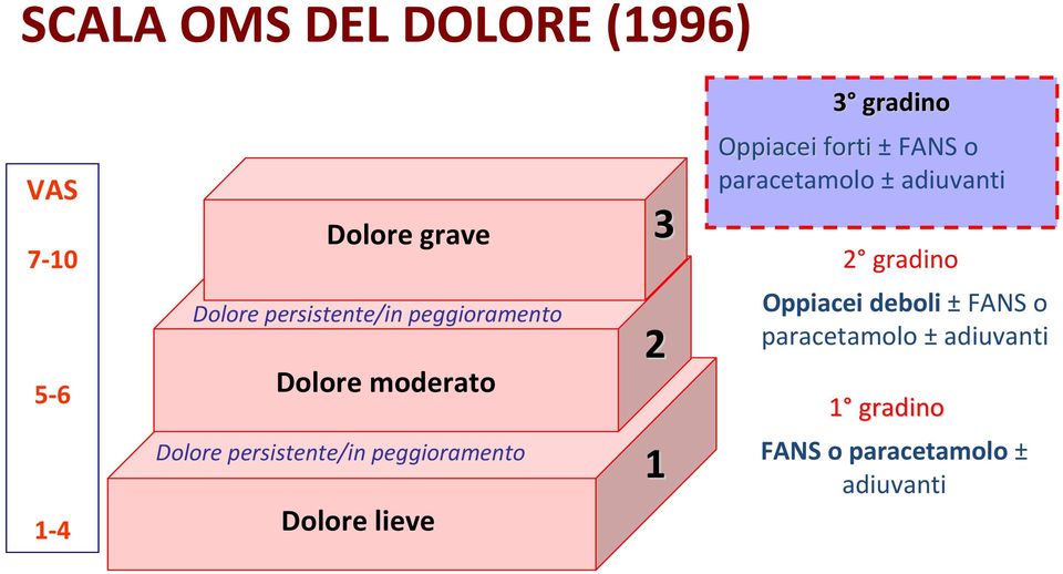 Dolore lieve 3 2 1 3 gradino Oppiacei forti ±FANS o paracetamolo ± adiuvanti 2