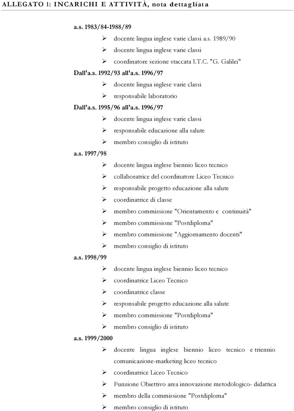 s. 1997/98 Ø docente lingua inglese biennio liceo tecnico Ø collaboratrice del coordinatore Liceo Tecnico Ø responsabile progetto educazione alla salute Ø coordinatrice di classe Ø membro commissione