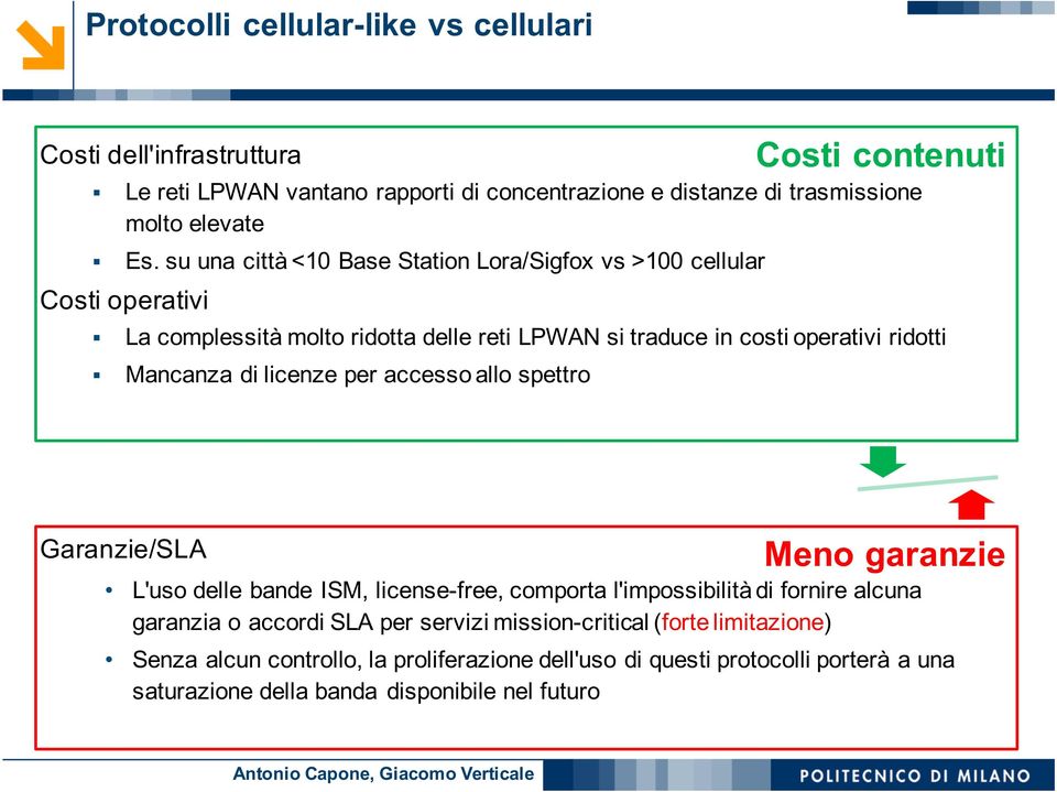 di licenze per accesso allo spettro Garanzie/SLA Meno garanzie L'uso delle bande ISM, license-free, comporta l'impossibilità di fornire alcuna garanzia o accordi SLA per