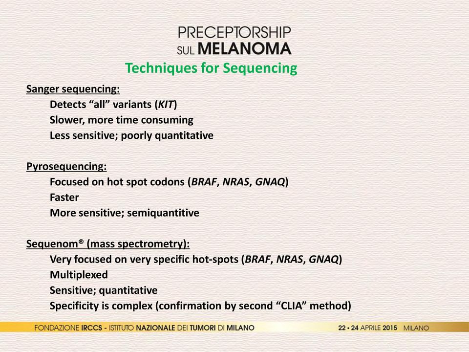 sensitive; semiquantitive Sequenom (mass spectrometry): Very focused on very specific hot-spots (BRAF,