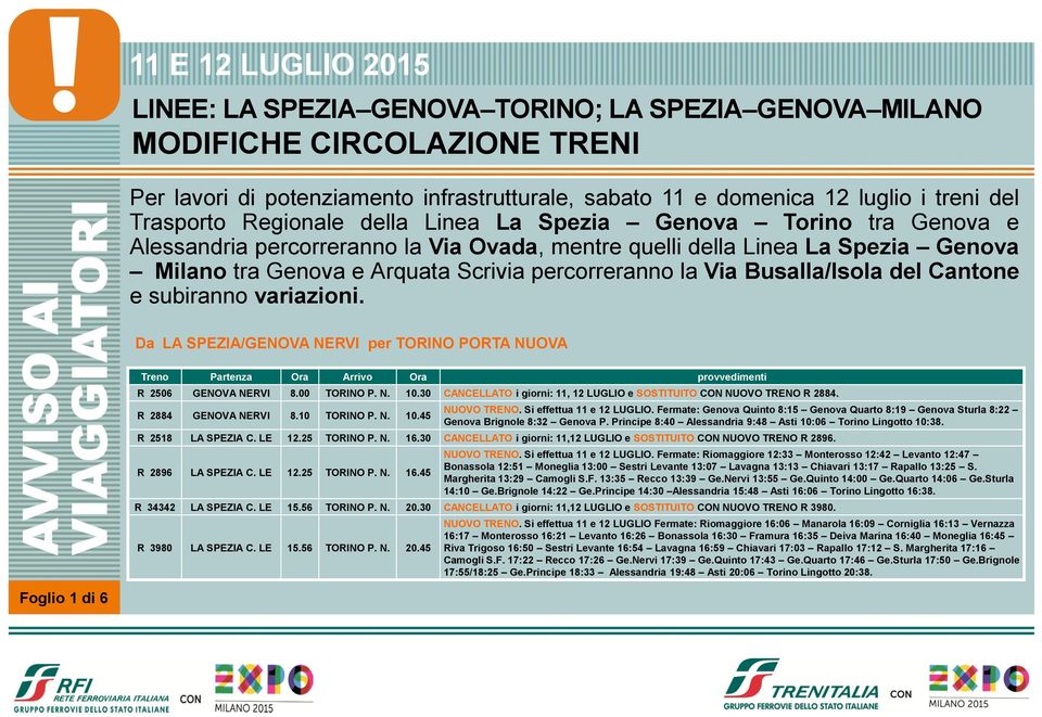 subiranno variazioni. Da LA SPEZIA/ NEVI per TOINO POTA NUOVA 2506 NEVI 8.00 TOINO P. N. 10.30 CANCELLATO i giorni: 11, 12 LUGLIO e SOSTITUITO CON NUOVO TENO 2884. 2884 NEVI 8.10 TOINO P. N. 10.45 NUOVO TENO.