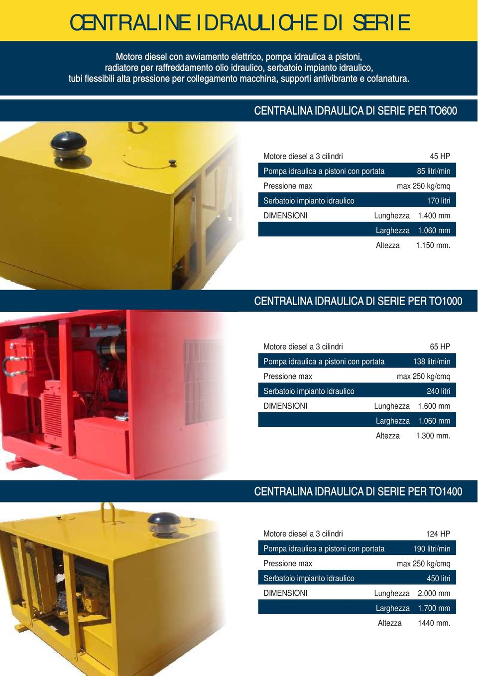 CENTRALINA IDRAULICA DI SERIE PER TO600 Motore diesel a 3 cilindri Pompa idraulica a pistoni con portata Pressione max Serbatoio impianto idraulico 45 HP 85 litri/min max 250 kg/cmq 170 litri