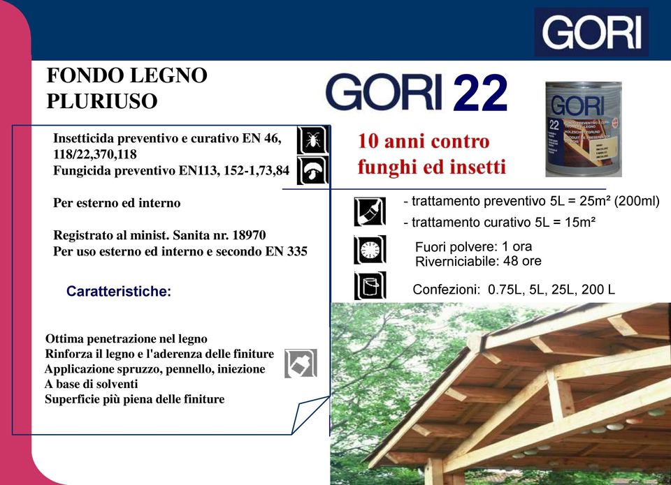 18970 Per uso esterno ed interno e secondo EN 335 Caratteristiche: - trattamento preventivo 5L = 25m² (200ml) - trattamento