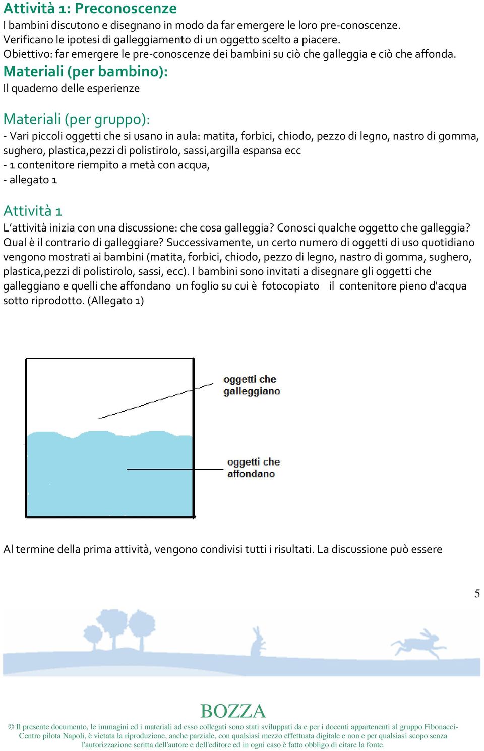 Materiali (per bambino): Il quaderno delle esperienze Materiali (per gruppo): - Vari piccoli oggetti che si usano in aula: matita, forbici, chiodo, pezzo di legno, nastro di gomma, sughero,