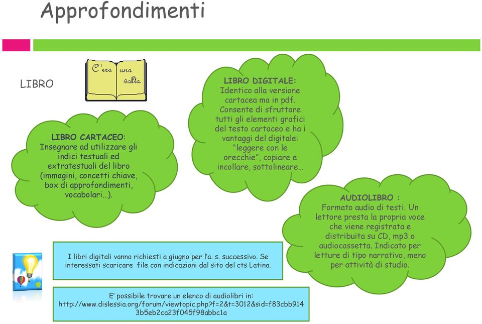 Consente di sfruttare tutti gli elementi grafici del testo cartaceo e ha i vantaggi del digitale: leggere con le orecchie, copiare e incollare, sottolineare I libri digitali vanno richiesti a giugno