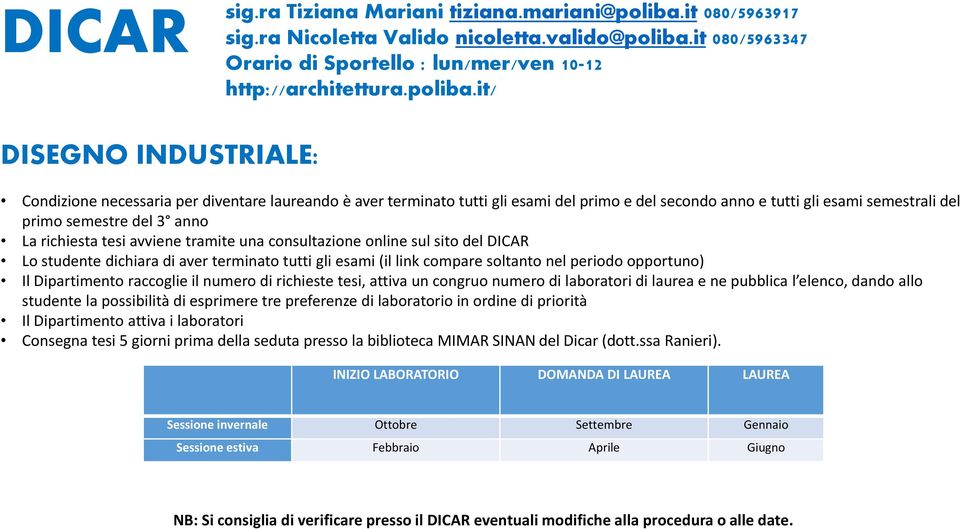 it 080/5963347 Orario di Sportello : lun/mer/ven 10-12 http://architettura.poliba.