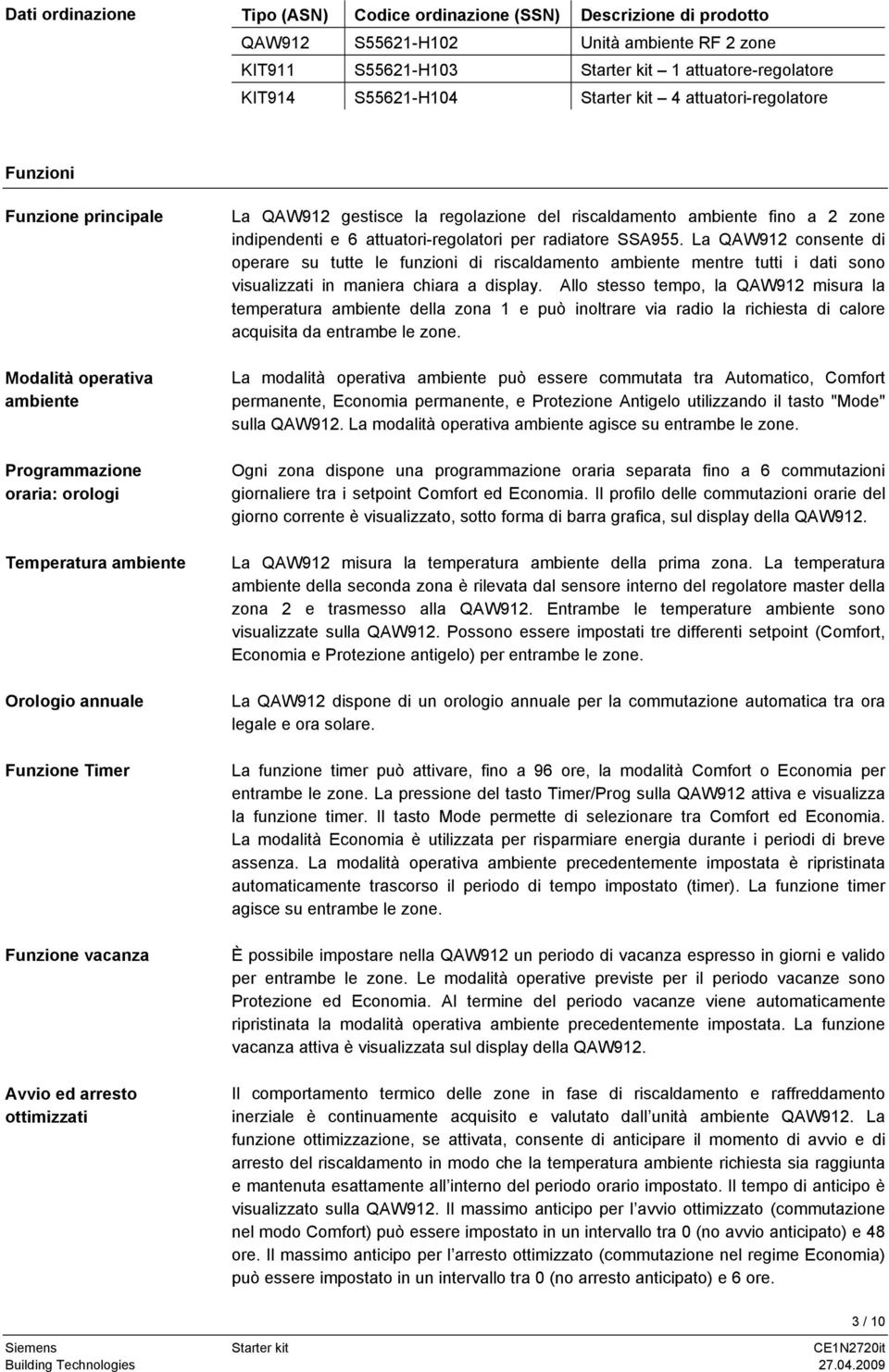 ed arresto ottimizzati La QAW912 gestisce la regolazione del riscaldamento ambiente fino a 2 zone indipendenti e 6 attuatori-regolatori per radiatore SSA955.