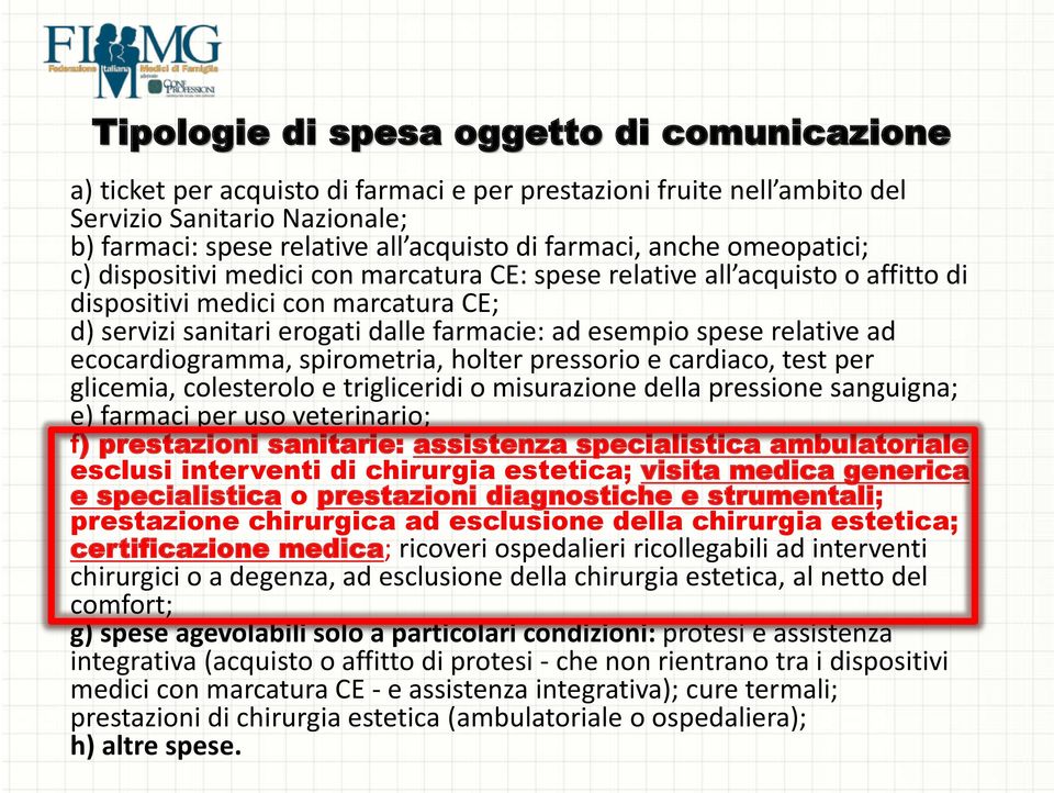 spese relative ad ecocardiogramma, spirometria, holter pressorio e cardiaco, test per glicemia, colesterolo e trigliceridi o misurazione della pressione sanguigna; e) farmaci per uso veterinario; f)