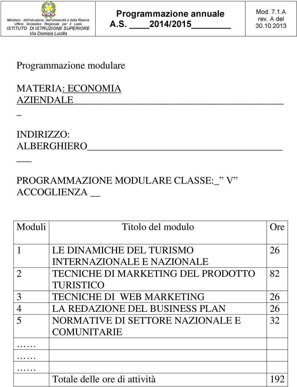 2013 Programmazione modulare MATERIA: ECONOMIA AZIENDALE INDIRIZZO: ALBERGHIERO PROGRAMMAZIONE MODULARE CLASSE:_ V ACCOGLIENZA Moduli Titolo del modulo Ore 1