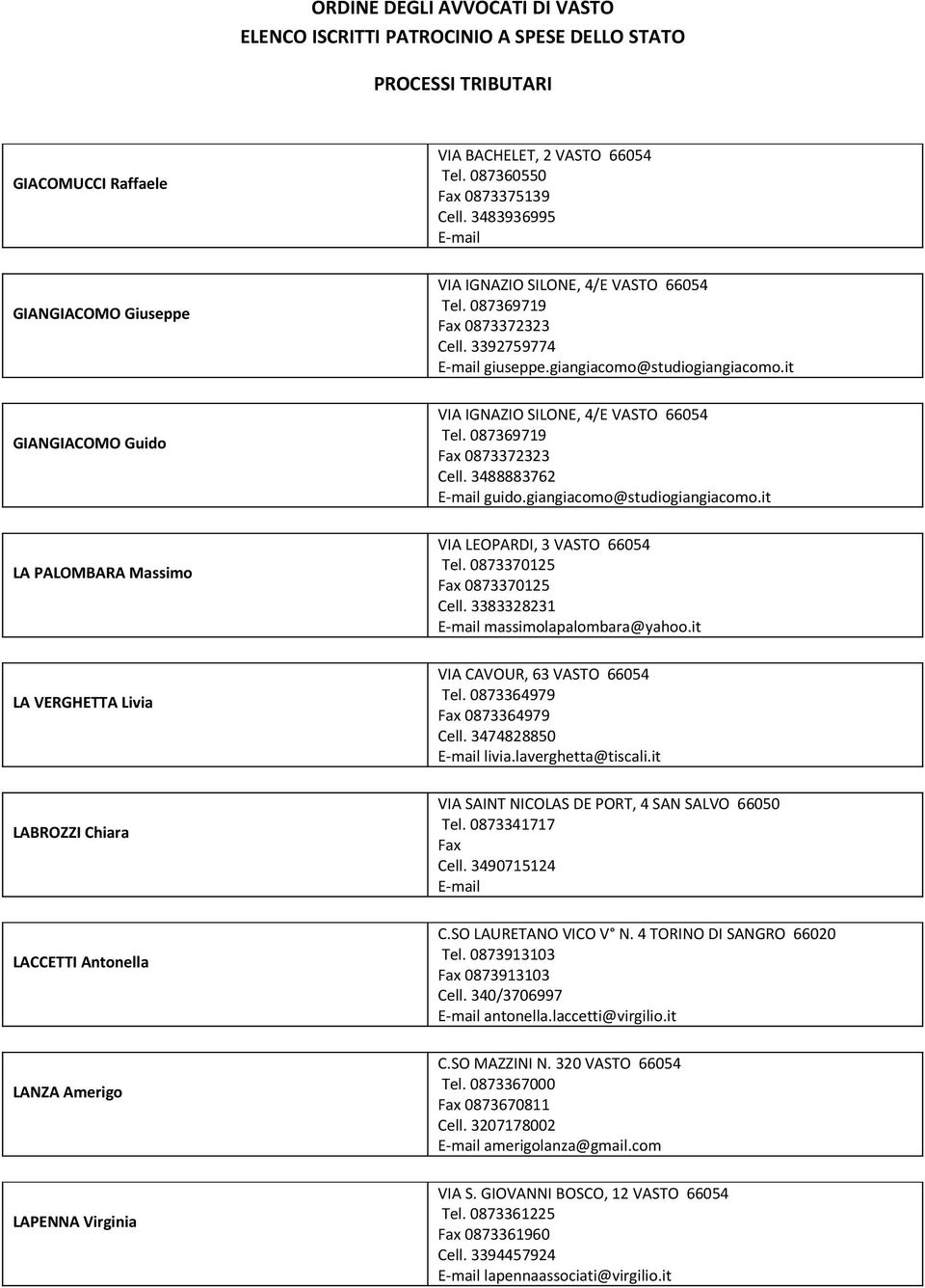 0873370125 Fax 0873370125 Cell. 3383328231 massimolapalombara@yahoo.it LA VERGHETTA Livia VIA CAVOUR, 63 VASTO 66054 Tel. 0873364979 Fax 0873364979 Cell. 3474828850 livia.laverghetta@tiscali.